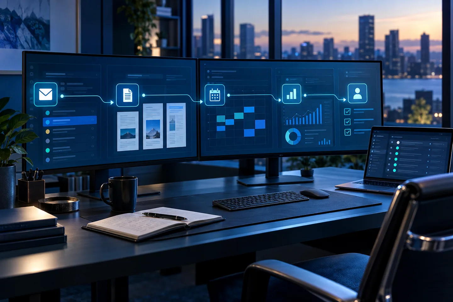 Connected business workflow dashboards linking messages, documents, scheduling, analytics, and review