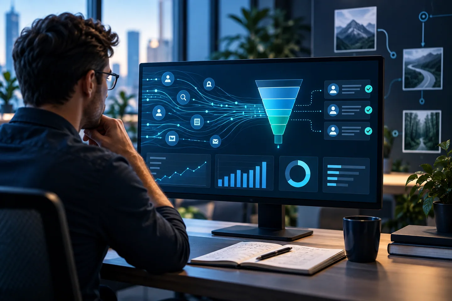 Digital customer journeys moving through an analytics funnel toward qualified business opportunities
