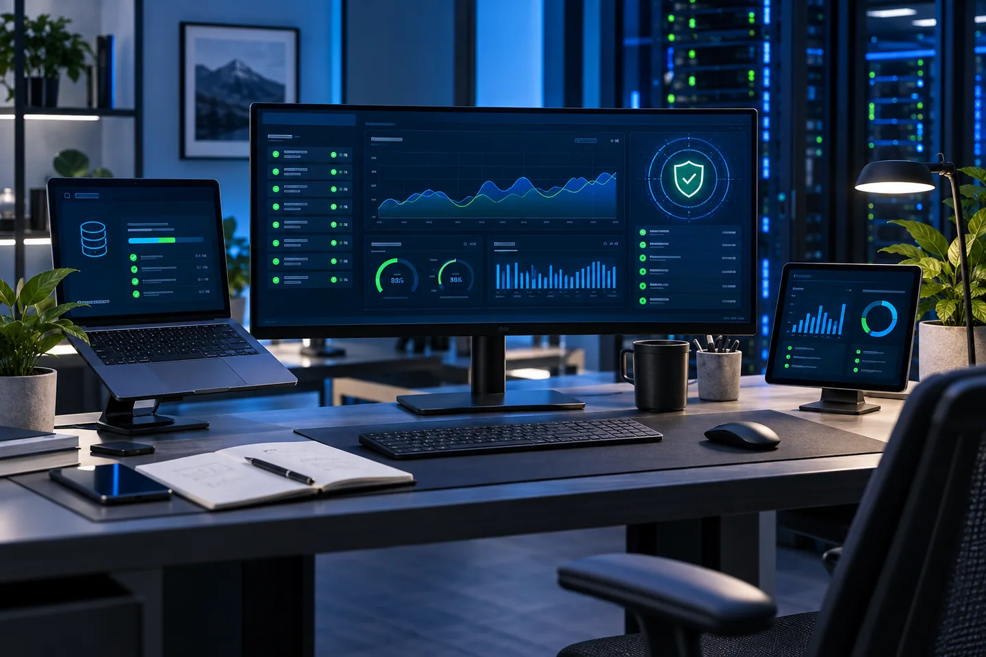 Website monitoring workspace with performance, backup, and security status dashboards