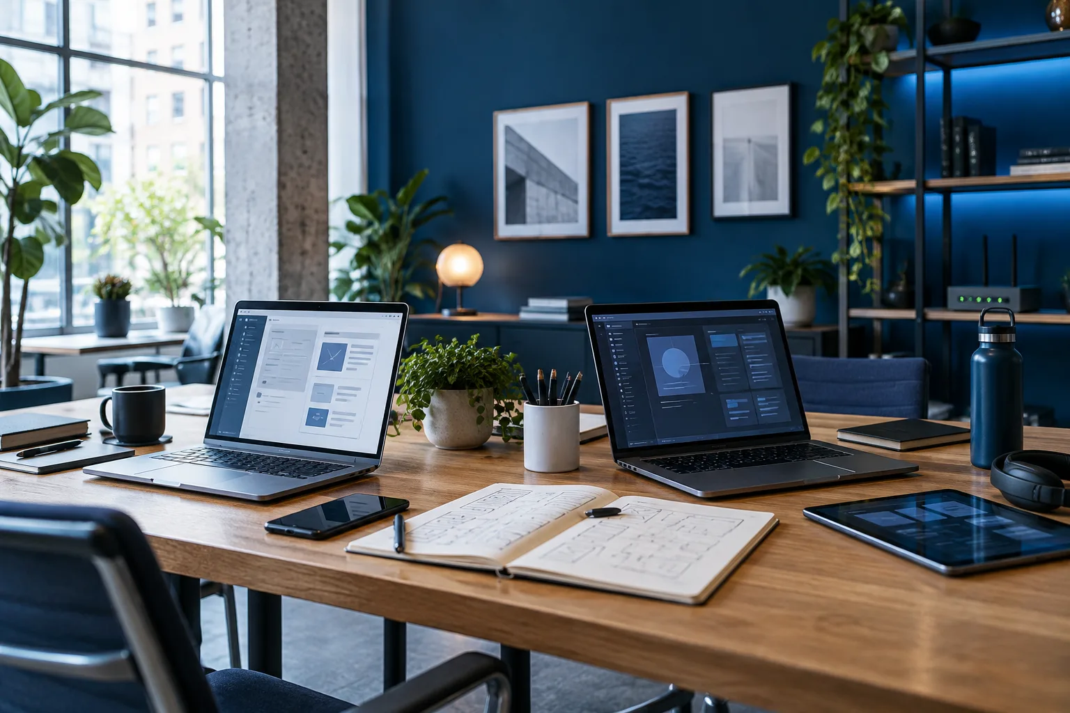 Modern technology workspace with laptops and interface planning materials